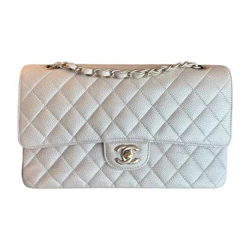 Iridescent Beige Medium  Quilted Caviar Grained Calfskin Double Flap Bag