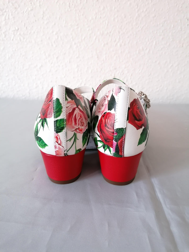 White Rose Printed Leather Mary Jane Heeled Pumps