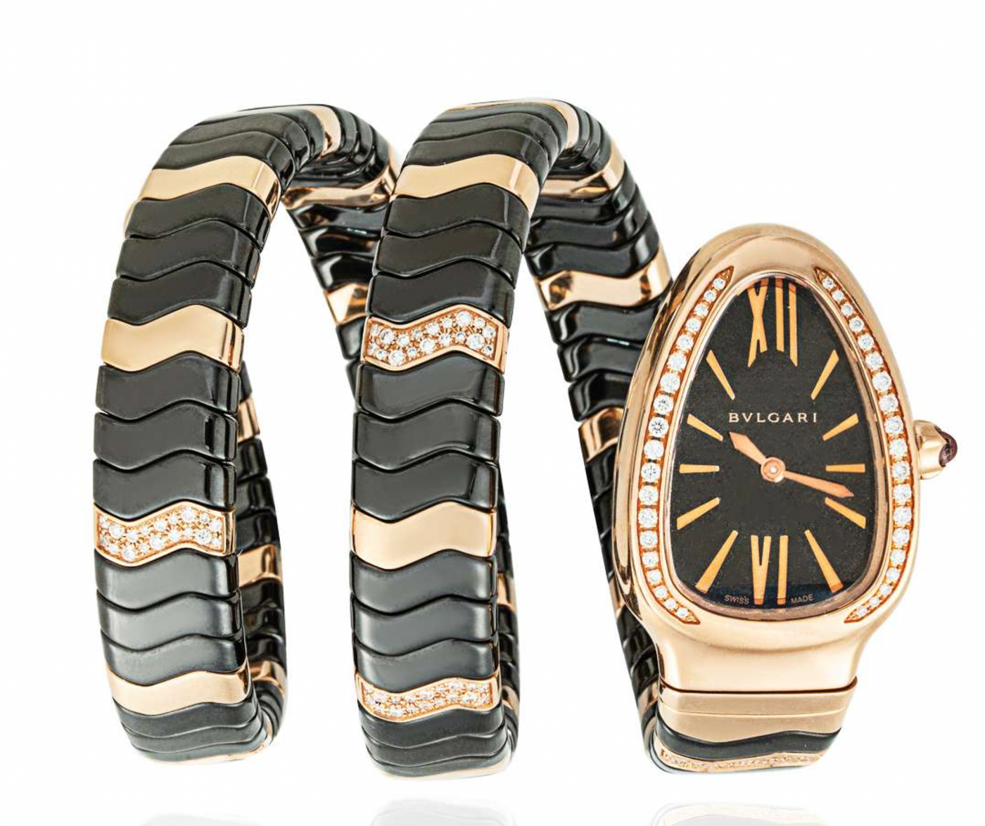 Bvlgari Black Ceramic 18K Rose Gold Diamond Serpenti Spiga Watch
