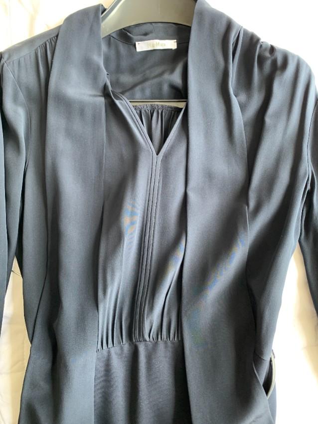 Max Mara Navy Crepe De Chine Pussybow Gelada Midi Dress