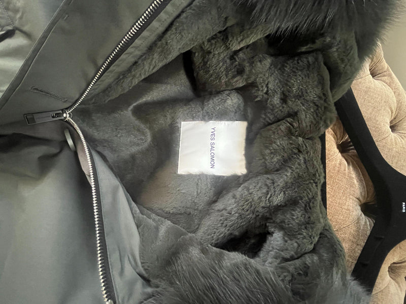 Yves Salomon Grey Fur Lined Fox Trim Hooded Parka