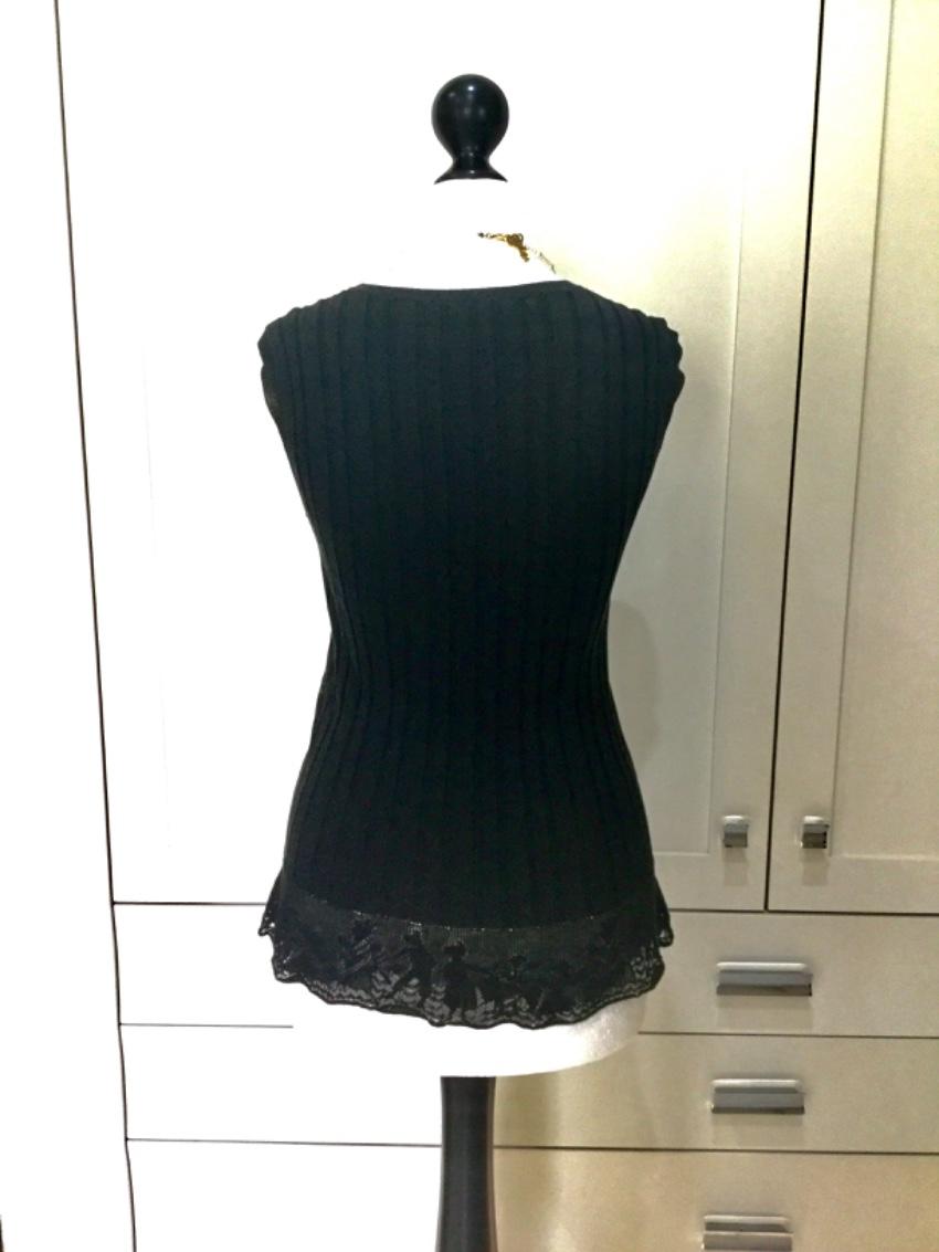 Chanel Black Ribbed Knit Sleeveless Lace-Trimmed Top