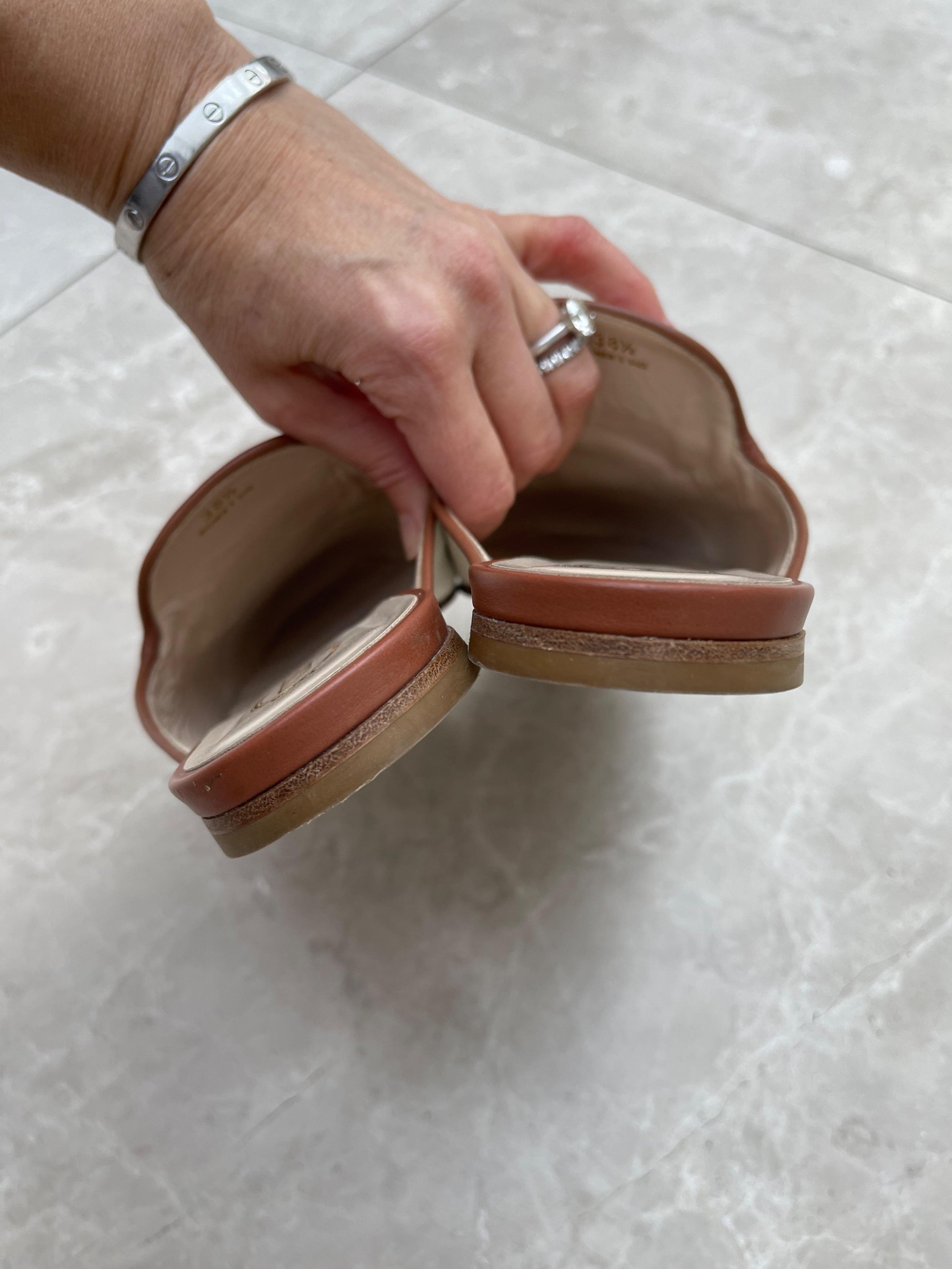 Ivory Canvas & Tan Leather Backless Loafers