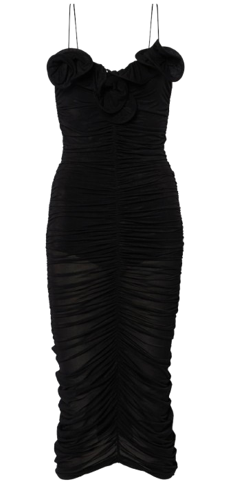Black Ruffled Ruched Midi Dress