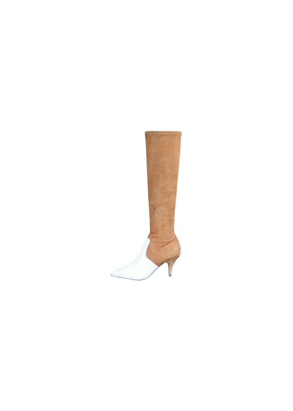 Beige suede & white leather heeled long boots