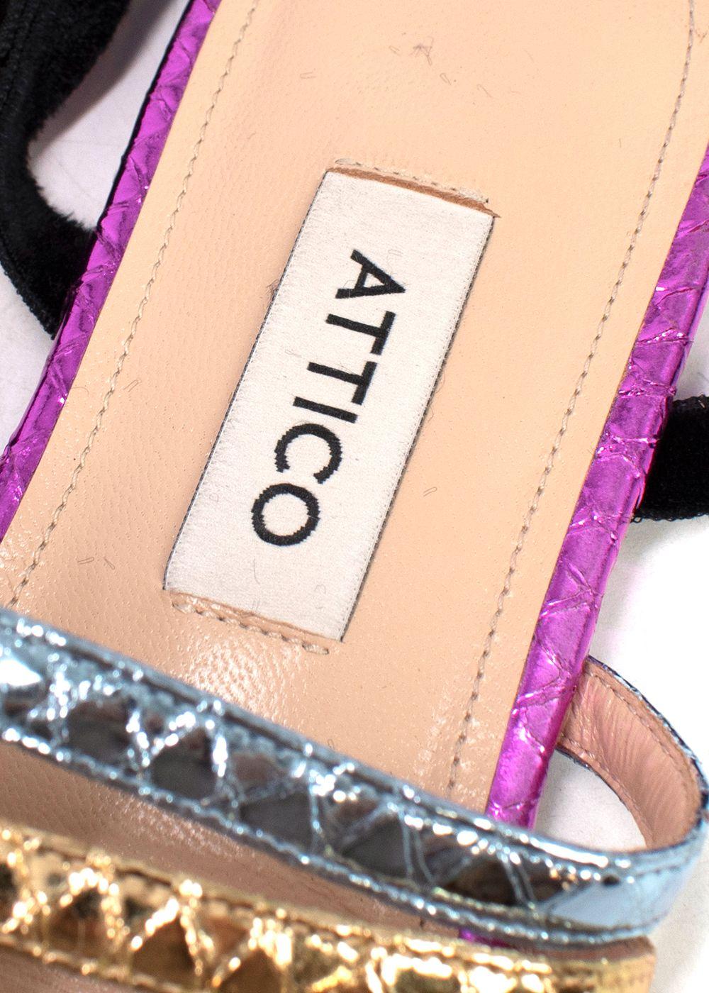 Metallic Rainbow Snake Embossed Lace-up Flat Sandals