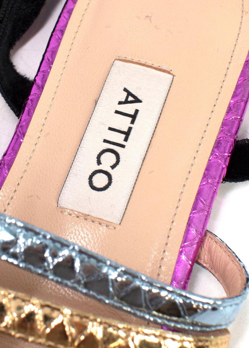 Metallic Rainbow Snake Embossed Lace-up Flat Sandals