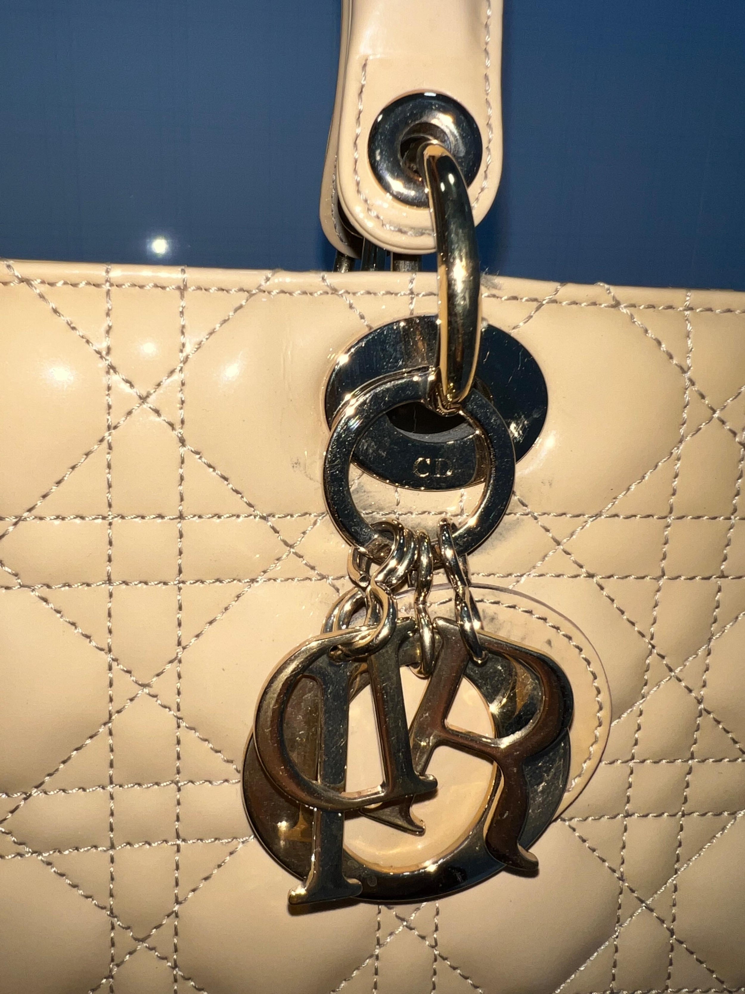 Beige Patent Leather Large Lady Dior Tote Bag