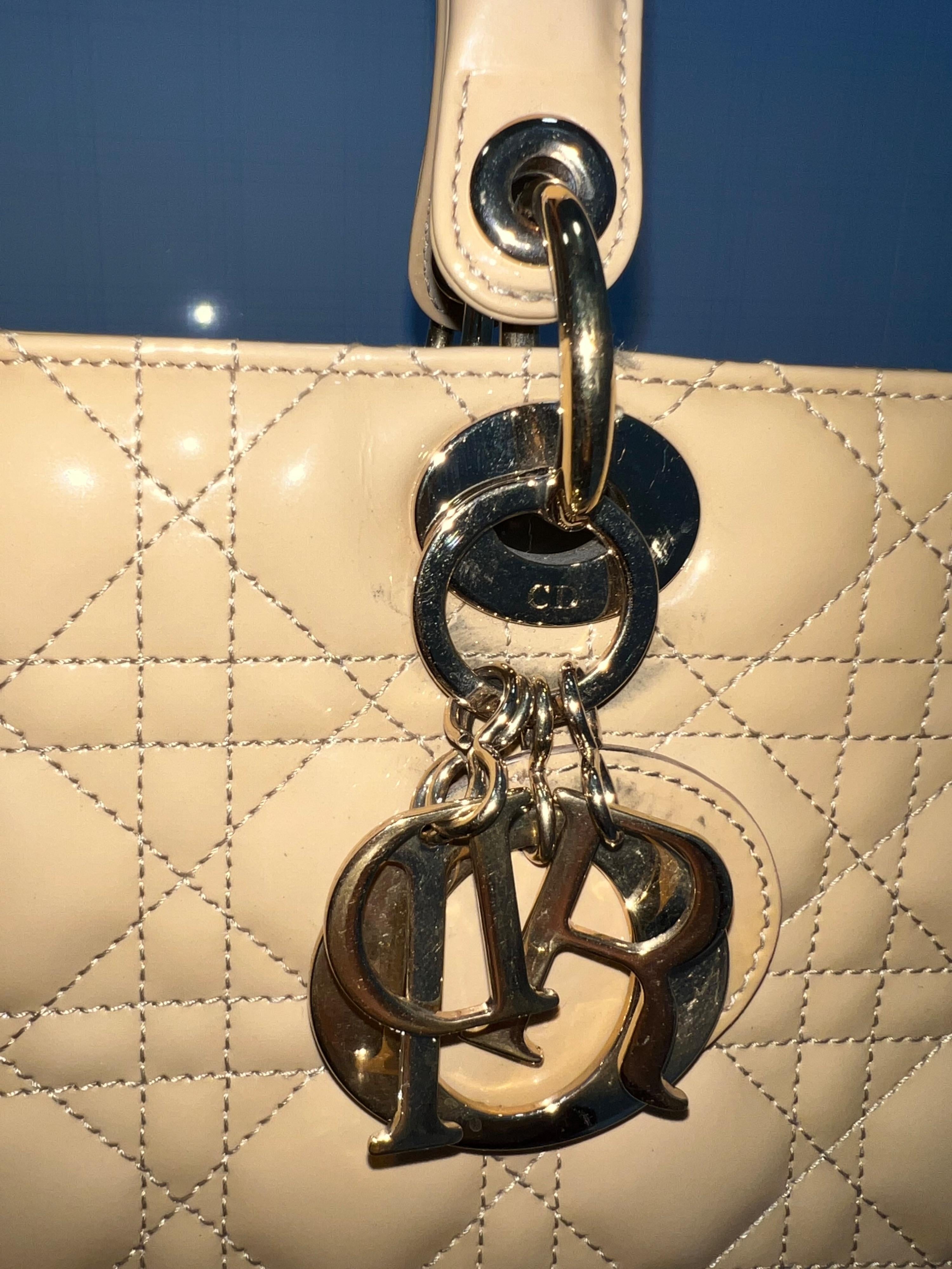Beige Patent Leather Large Lady Dior Tote Bag