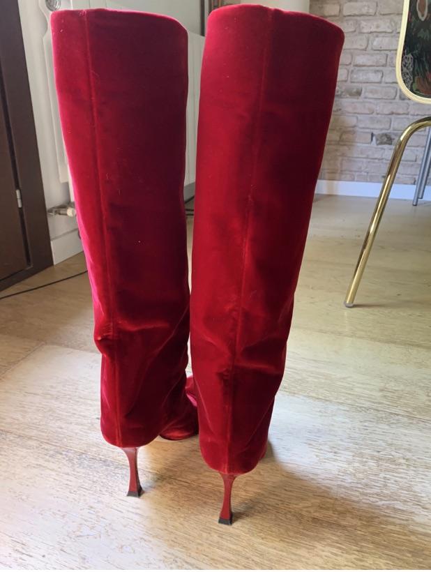 Red velvet long heeled boots