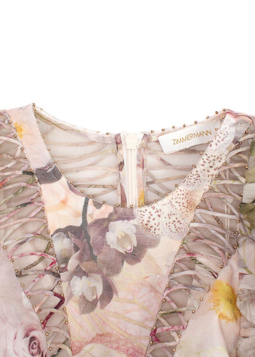 Zimmermann Dancer Ruffled Bead-Embellished Floral-Print Linen And Silk-Blend Organza Mini Dress