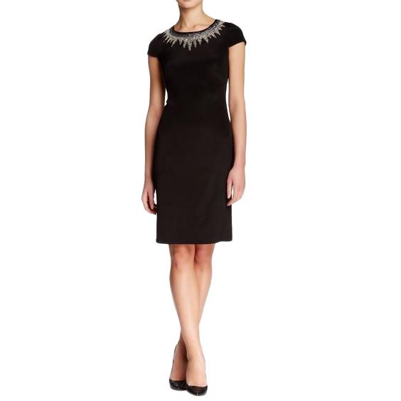 Mikael Aghal black beaded neckline fitted silk dress