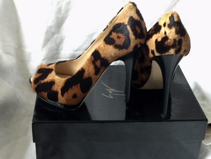 Giuseppe Zanotti Pony Hair Leopard Print Peep Toe Pumps