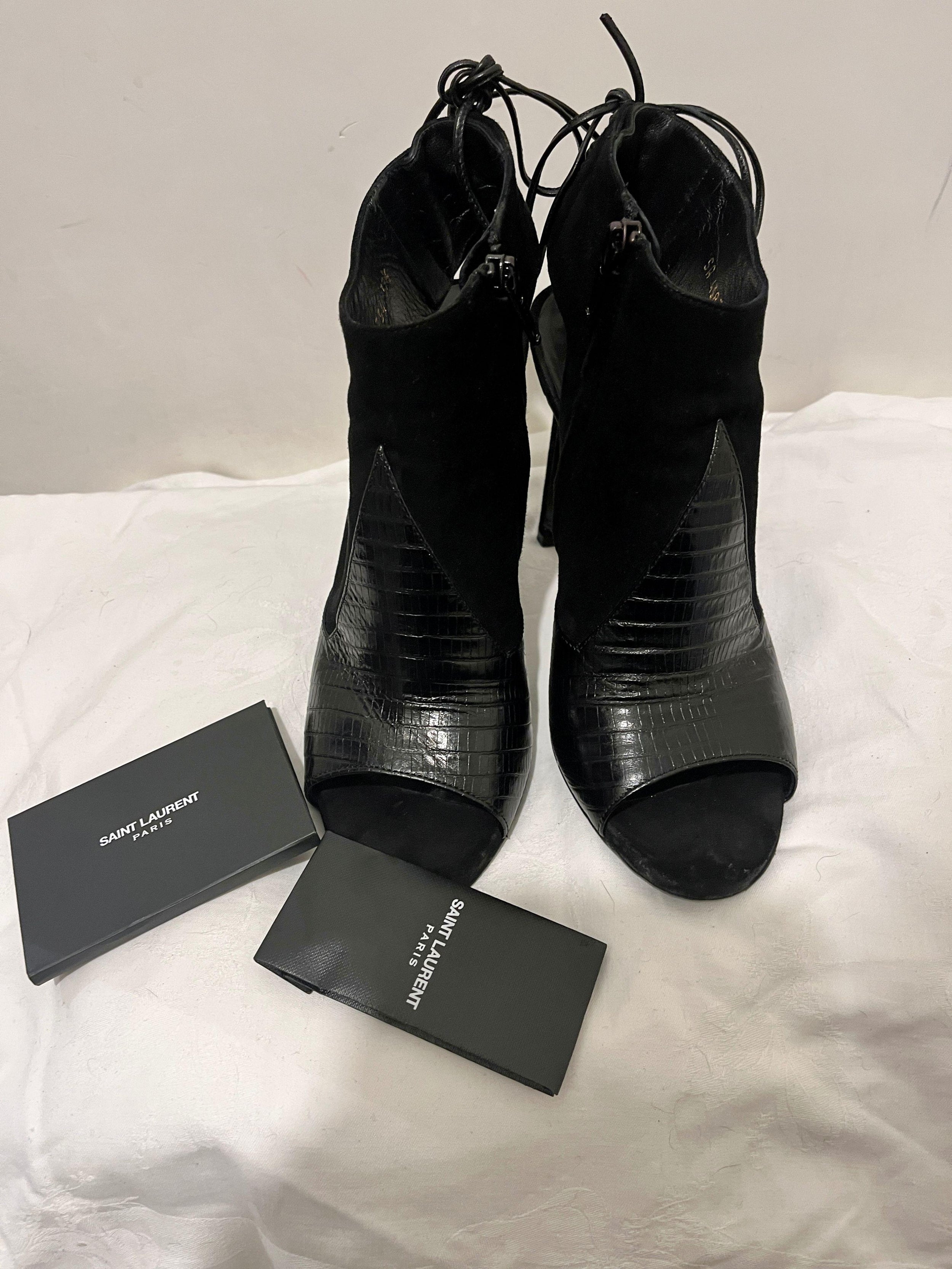 black embossed croc leather & suede Jane heeled booties