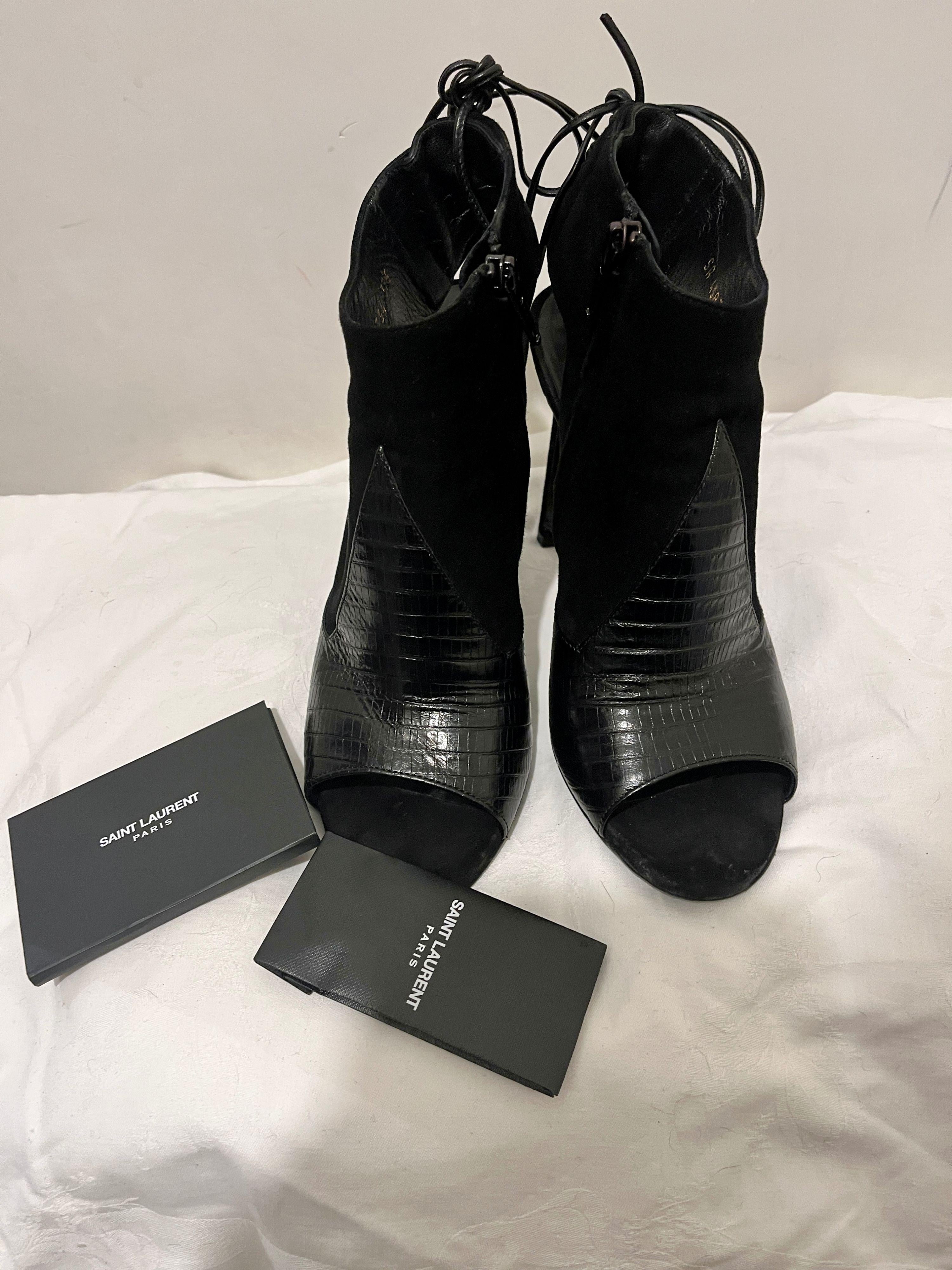 black embossed croc leather & suede Jane heeled booties