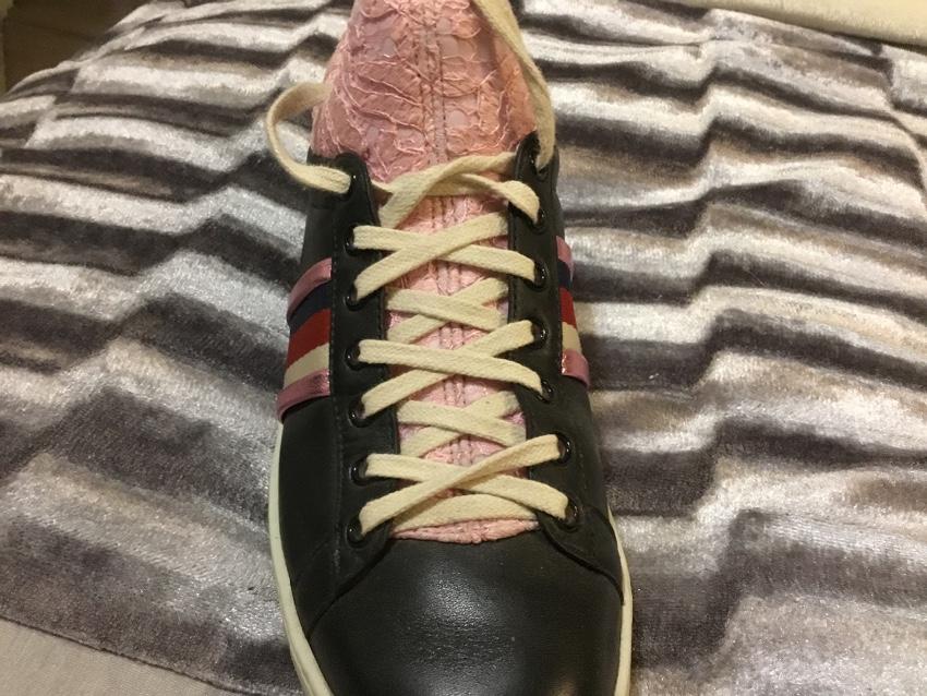 Gucci pink web lace black leather trainers