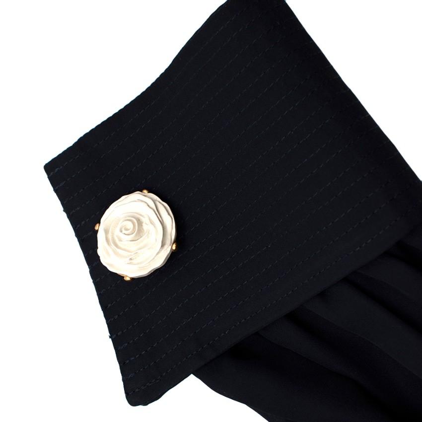 Oscar de la Renta Navy Blue Blouse with Large Rose Button Cuffs