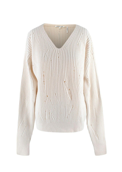Helmut Lang Ivory Distressed V-Neck Wool Sweater