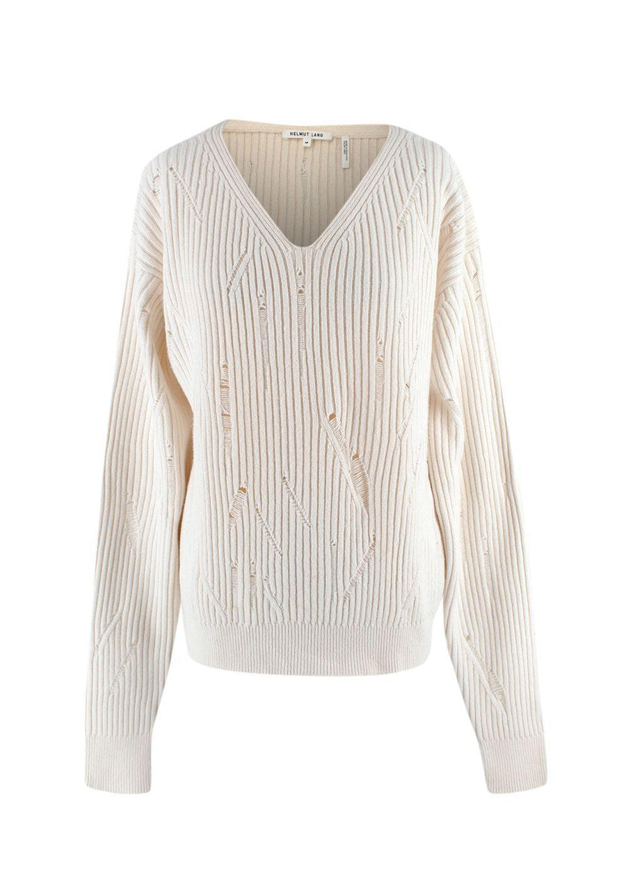 Helmut Lang Ivory Distressed V-Neck Wool Sweater