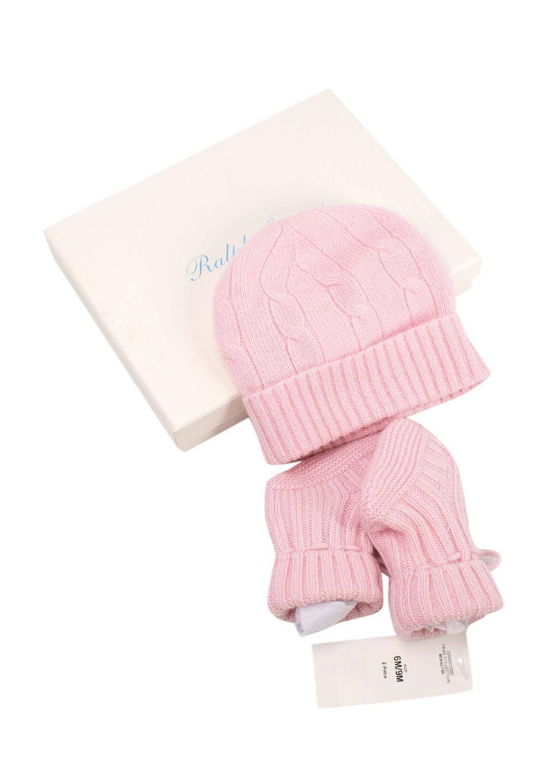 Ralph Lauren Pink Cashmere Cable Knit Hat & Booties Set