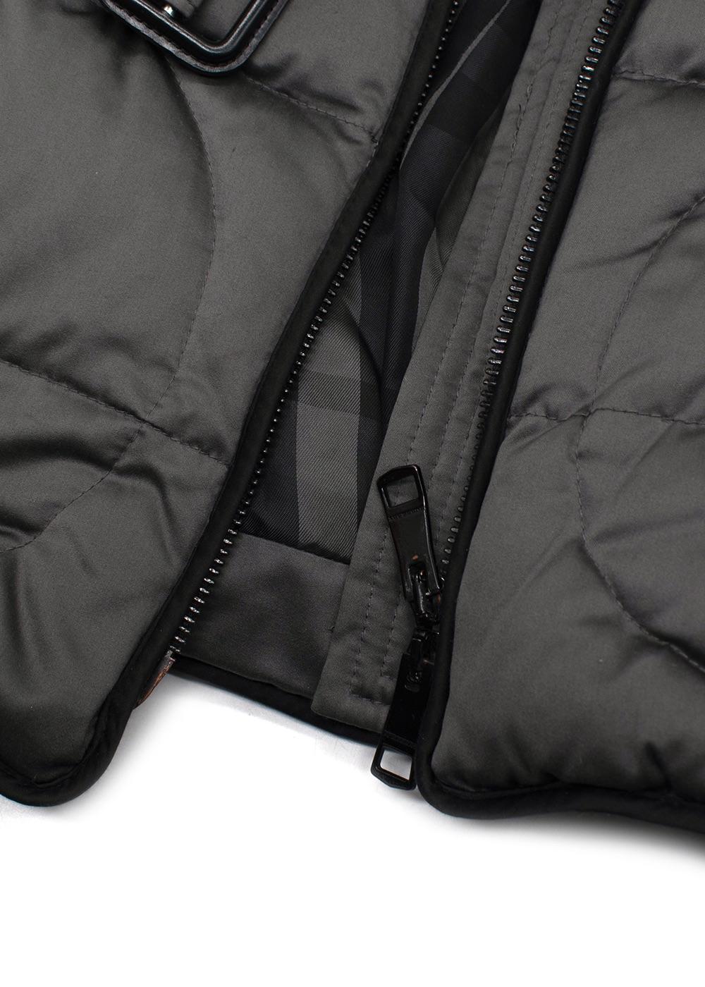 Burberry Grey Belted Puffer Coat with Faux Fur Trim