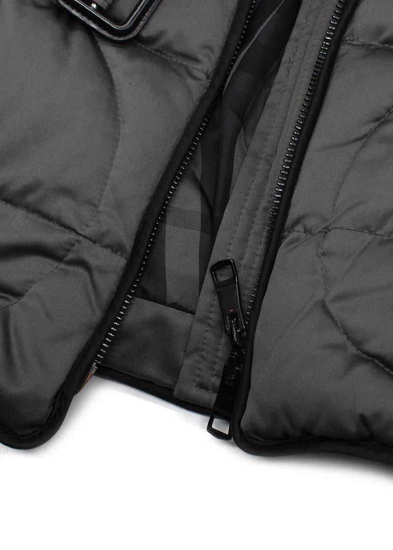 Burberry Grey Belted Puffer Coat with Faux Fur Trim