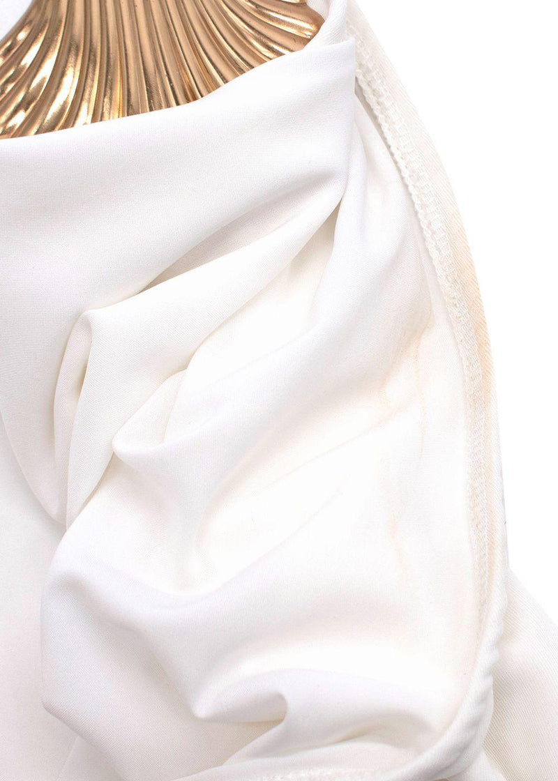 Elena Makri White One Shoulder Maxi Dress with Gold Shell Detail