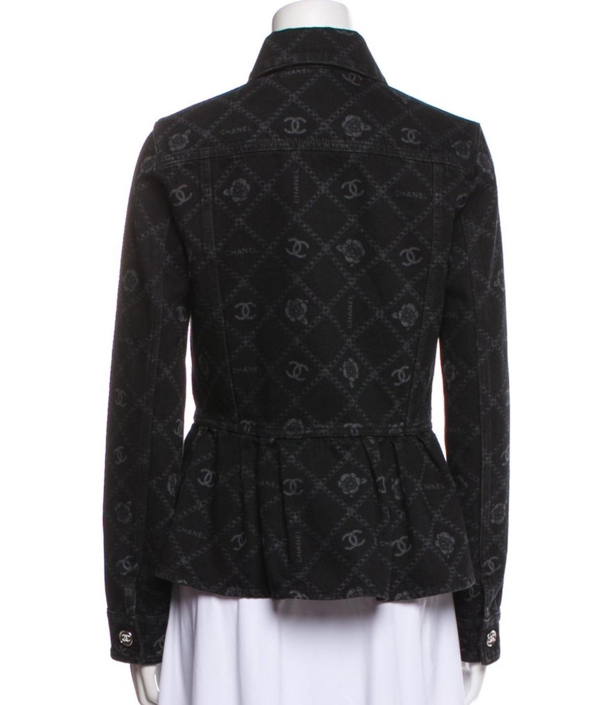 Chanel Black Camelia Denim Button Front Jacket