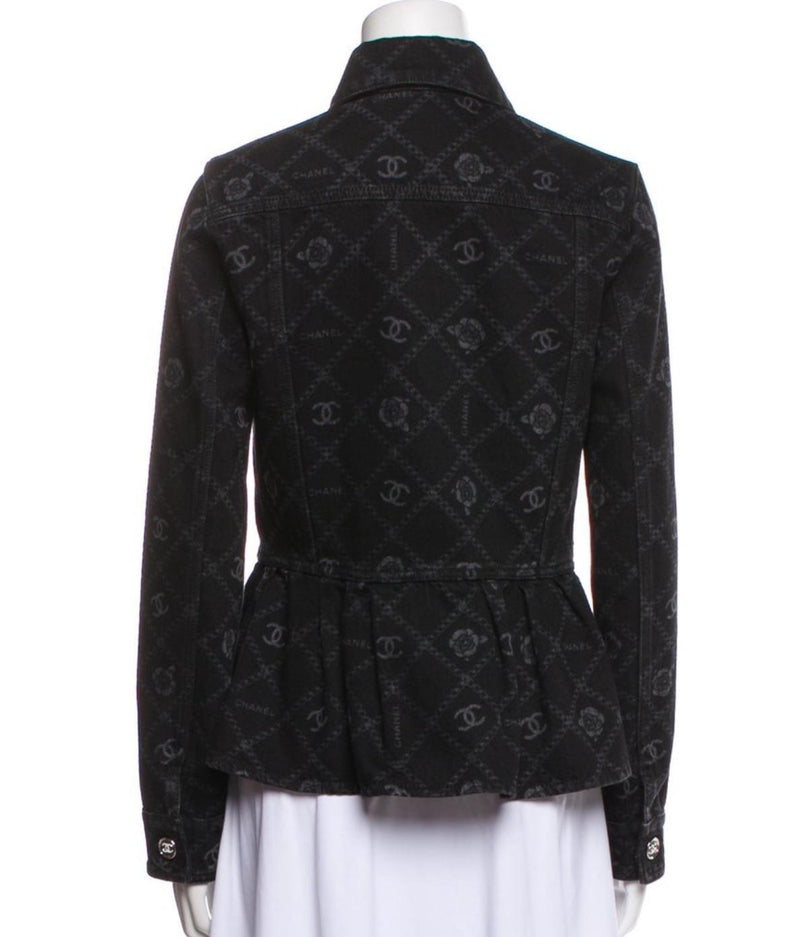 Chanel Black Camelia Denim Button Front Jacket
