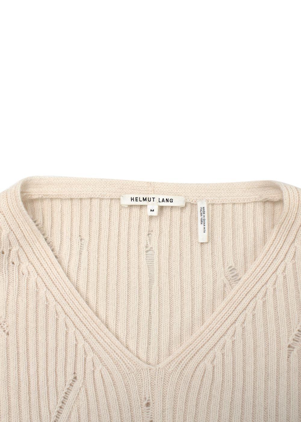 Helmut Lang Ivory Distressed V-Neck Wool Sweater