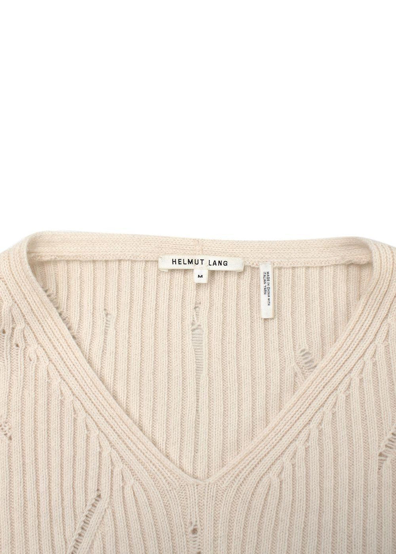 Helmut Lang Ivory Distressed V-Neck Wool Sweater