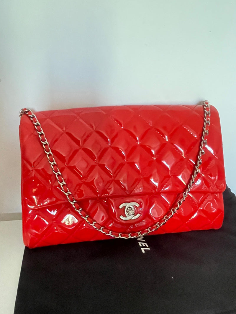 Chanel Red Patent Leather Clutch on Chain