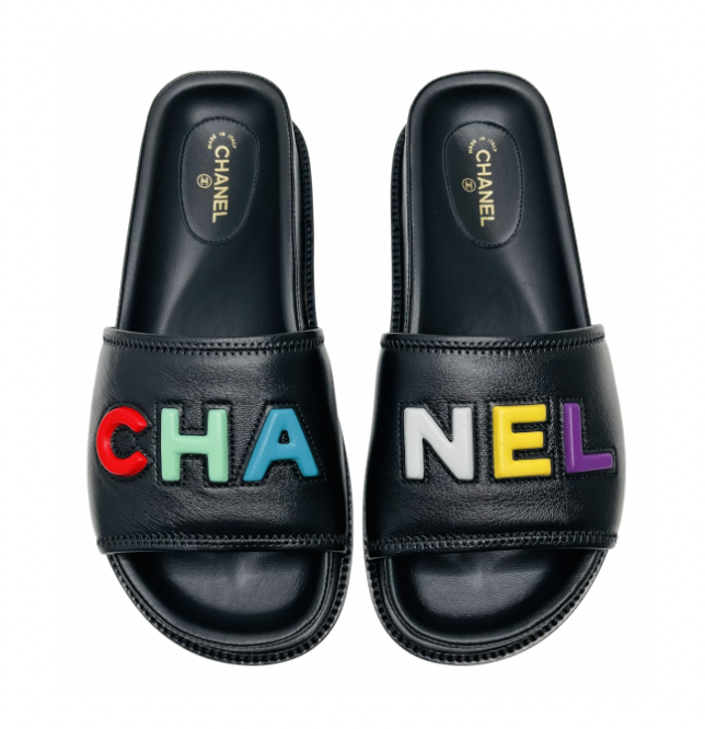 Multicoloured Logo Black Leather Slide Sandals