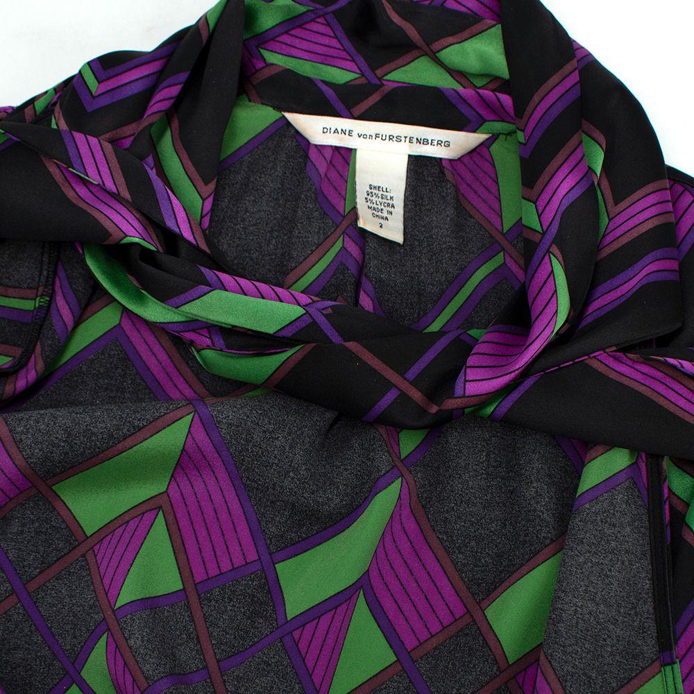 Diane Von Furstenberg Purple Geometric Print Pussy-bow Silk Blouse