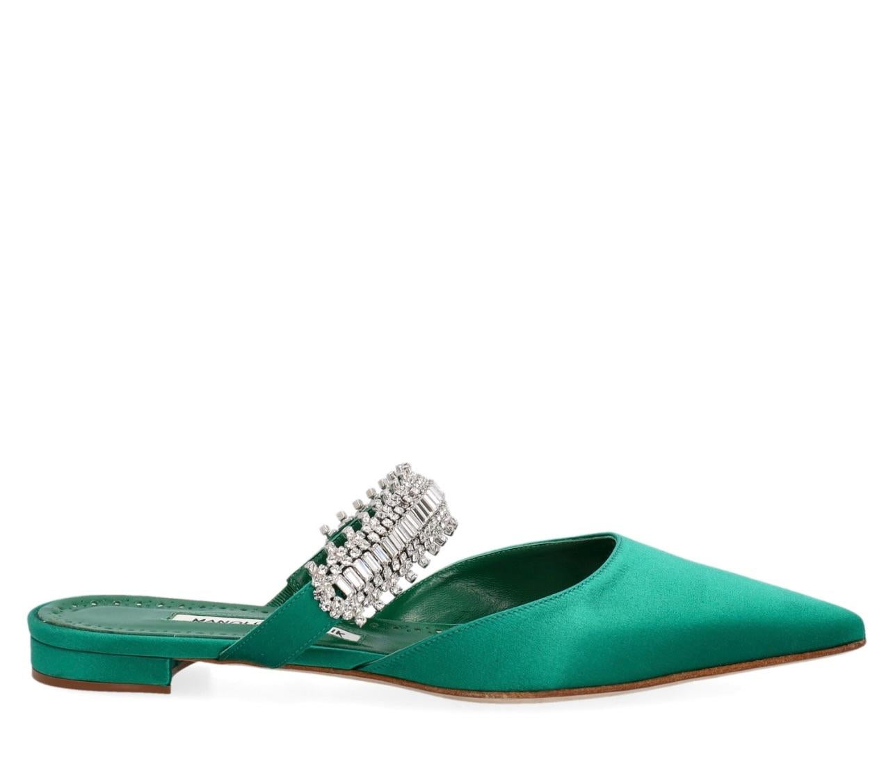 Emerald Green Satin Lutara Crystal Flats