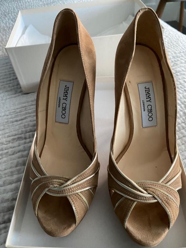 Jimmy Choo Beige Suede Peep Toe Heeled Pumps
