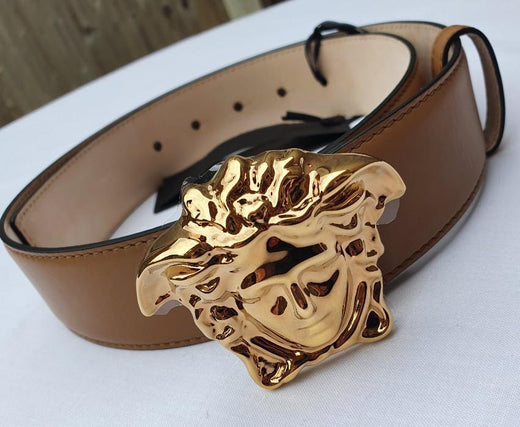 Versace Caramel Medusa Head Palazzo Belt - Size 80