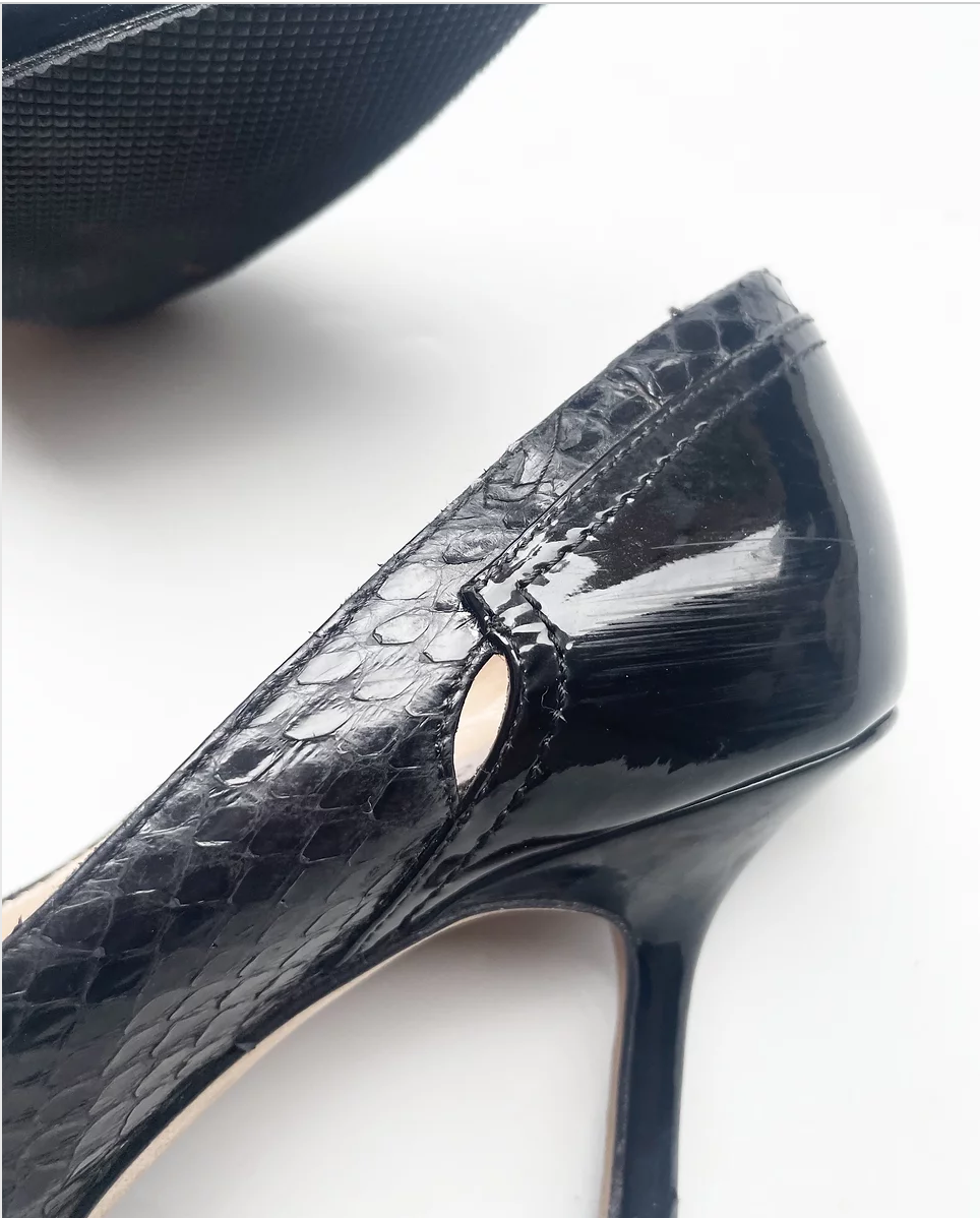 Black patent & snakeskin heeled pumps
