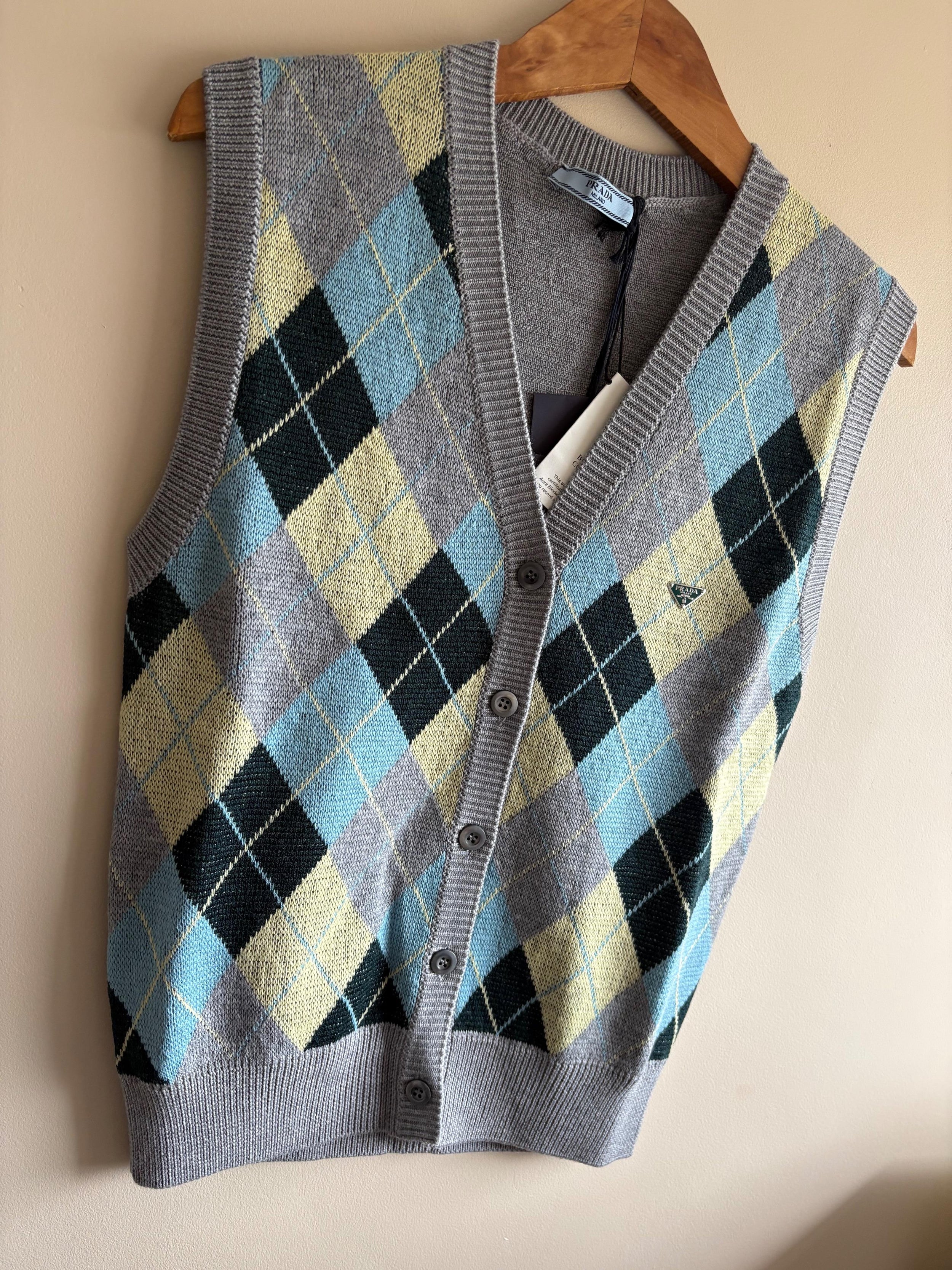 Prada Argyle Fine Knit Button Front Vest