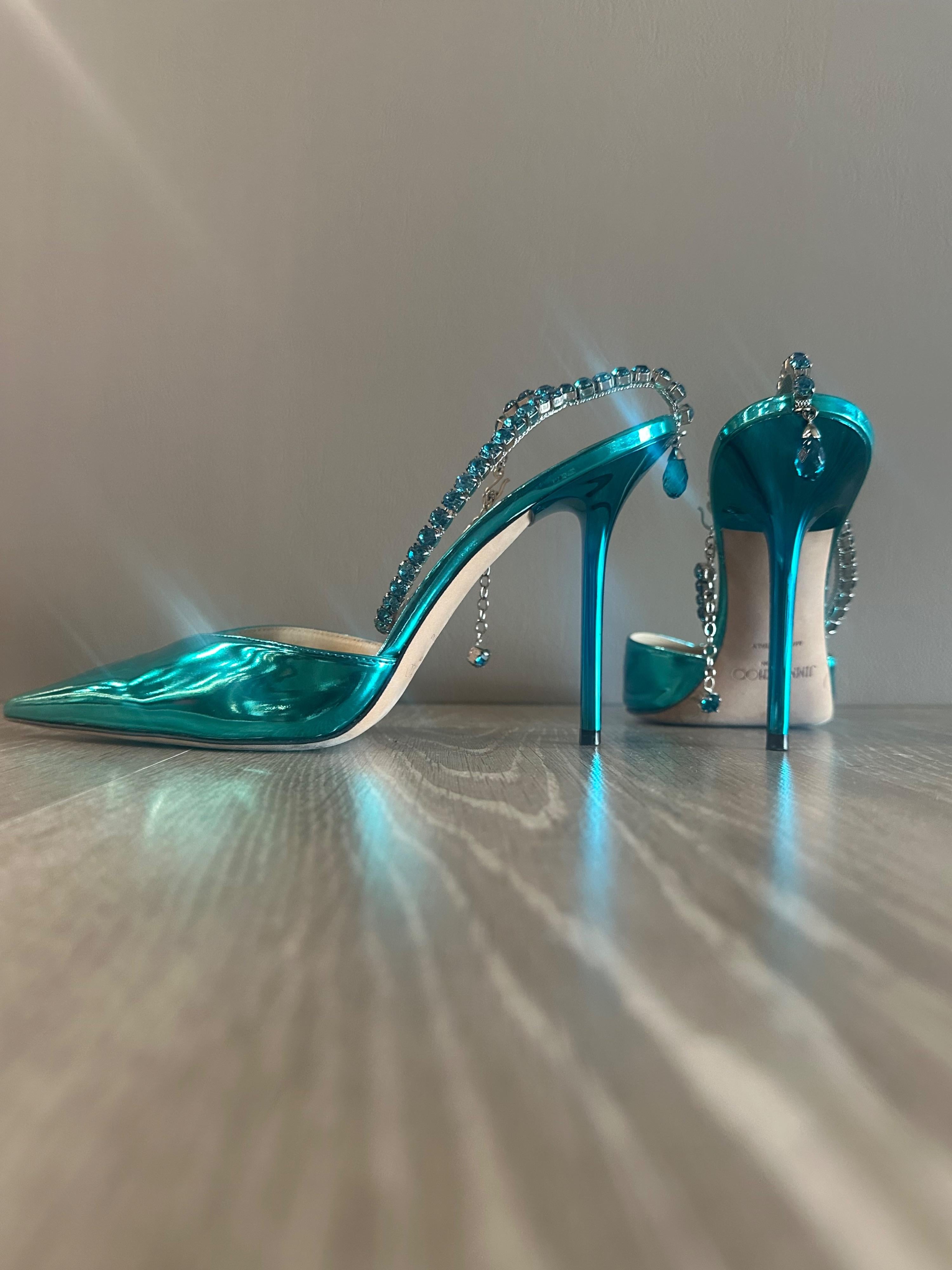 Jimmy Choo Blue Mirrored Crystal Embellished Heel