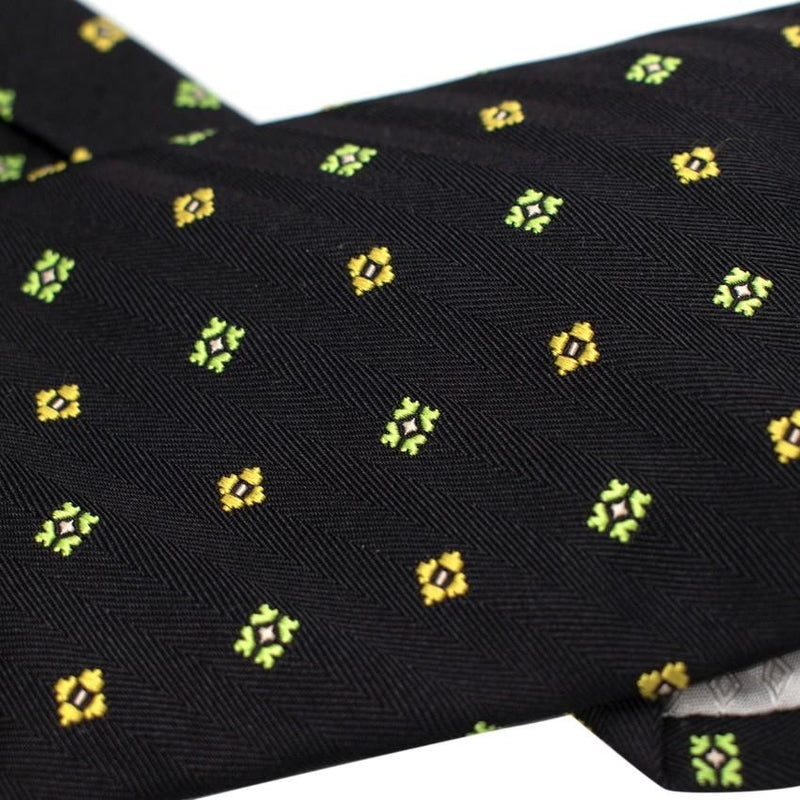 A Picci Green & Yellow Motif Black Silk Twill Tie