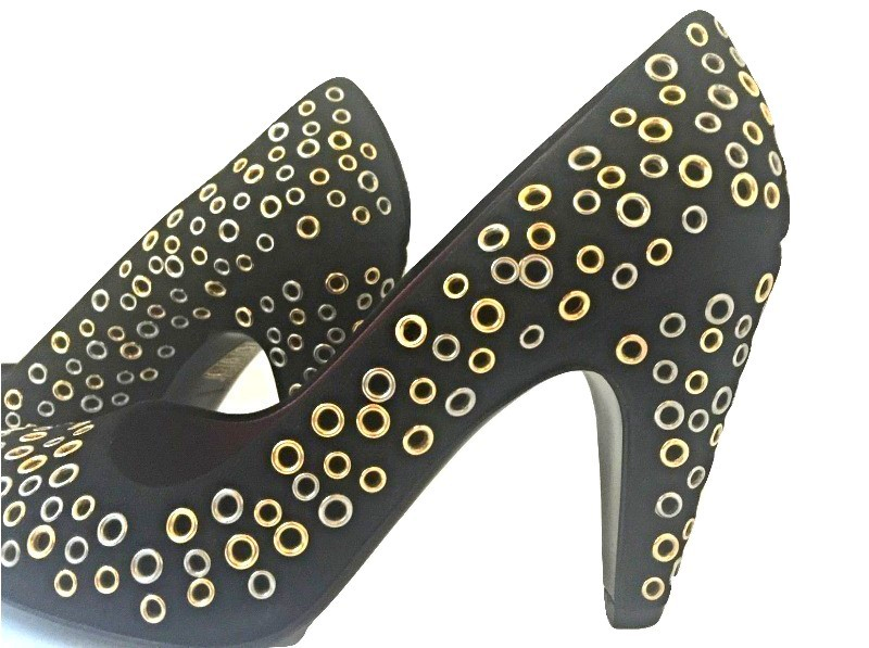 Prada Black and Gold Eyelet Pumps