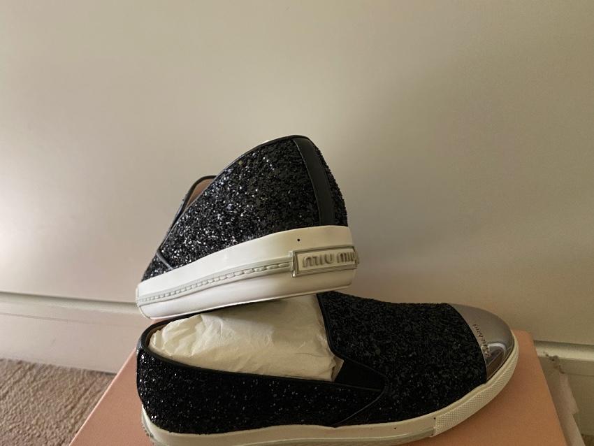 Miu Miu Black Glitter Slip-On Sneakers