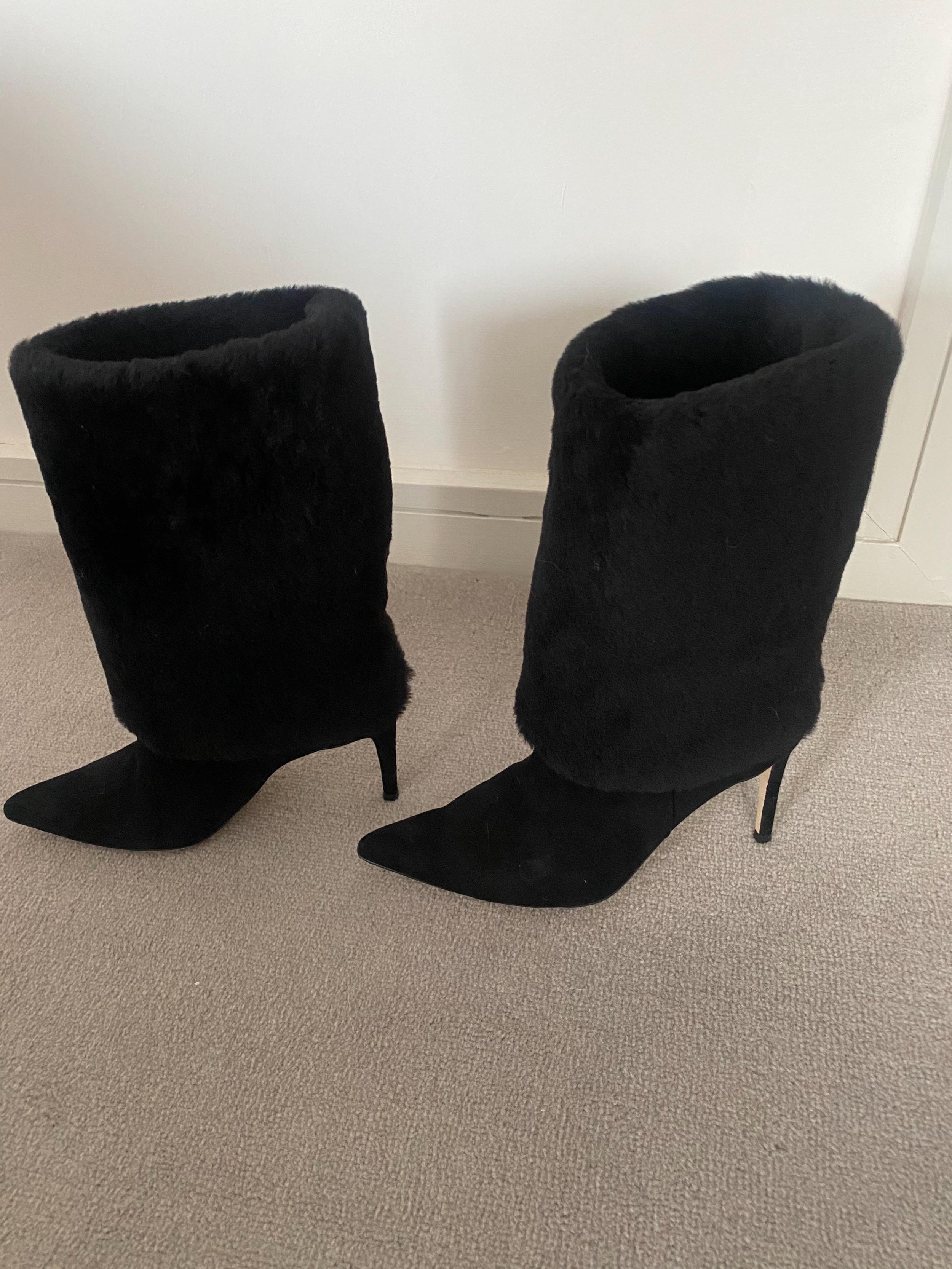 Black Shearling Cuff Heeled Long Boots
