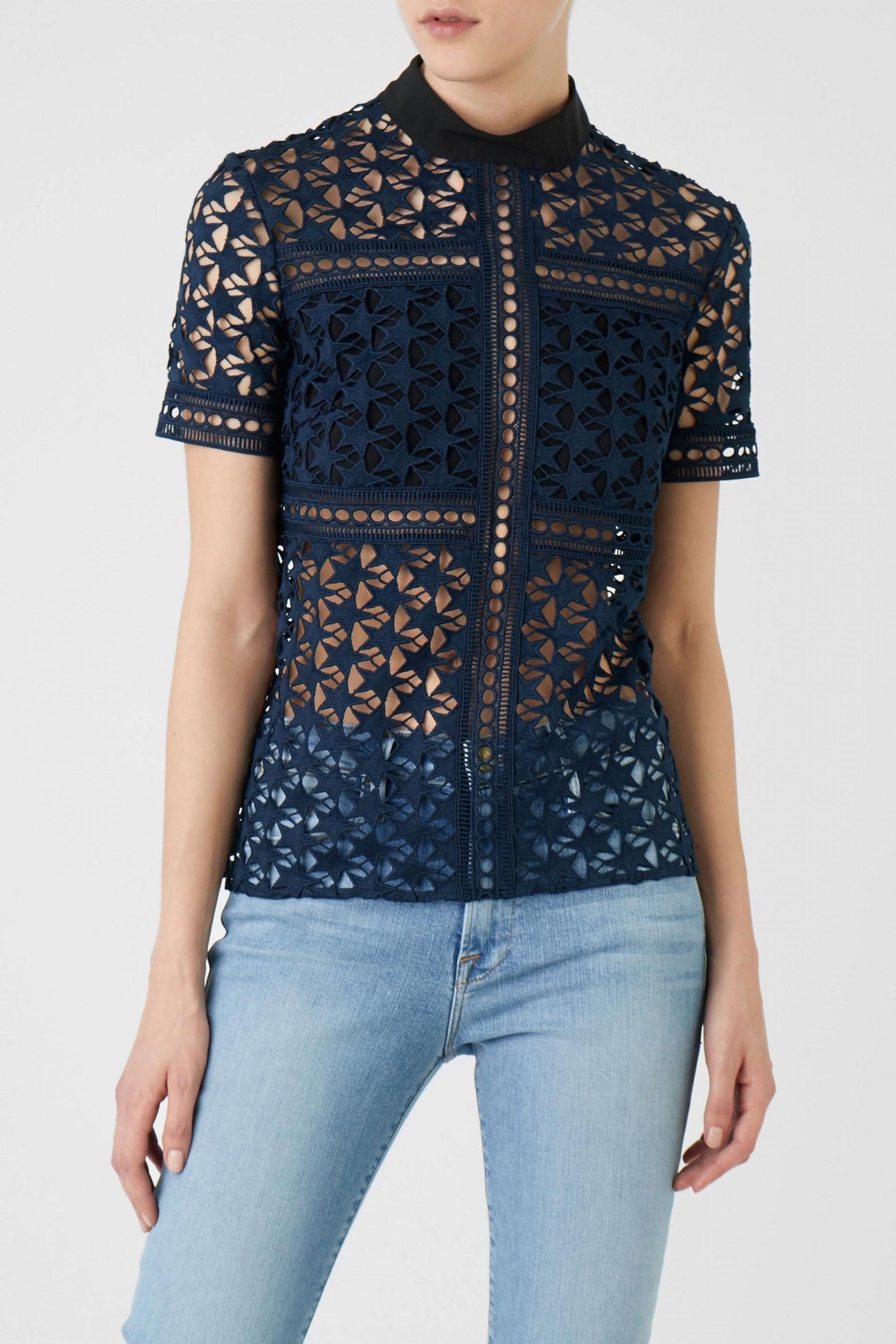 Navy Blue Star Lace Short Sleeved Blouse