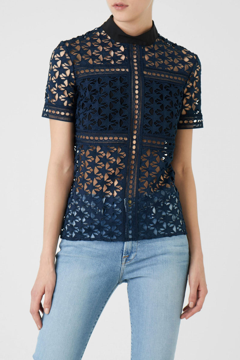 Navy Blue Star Lace Short Sleeved Blouse