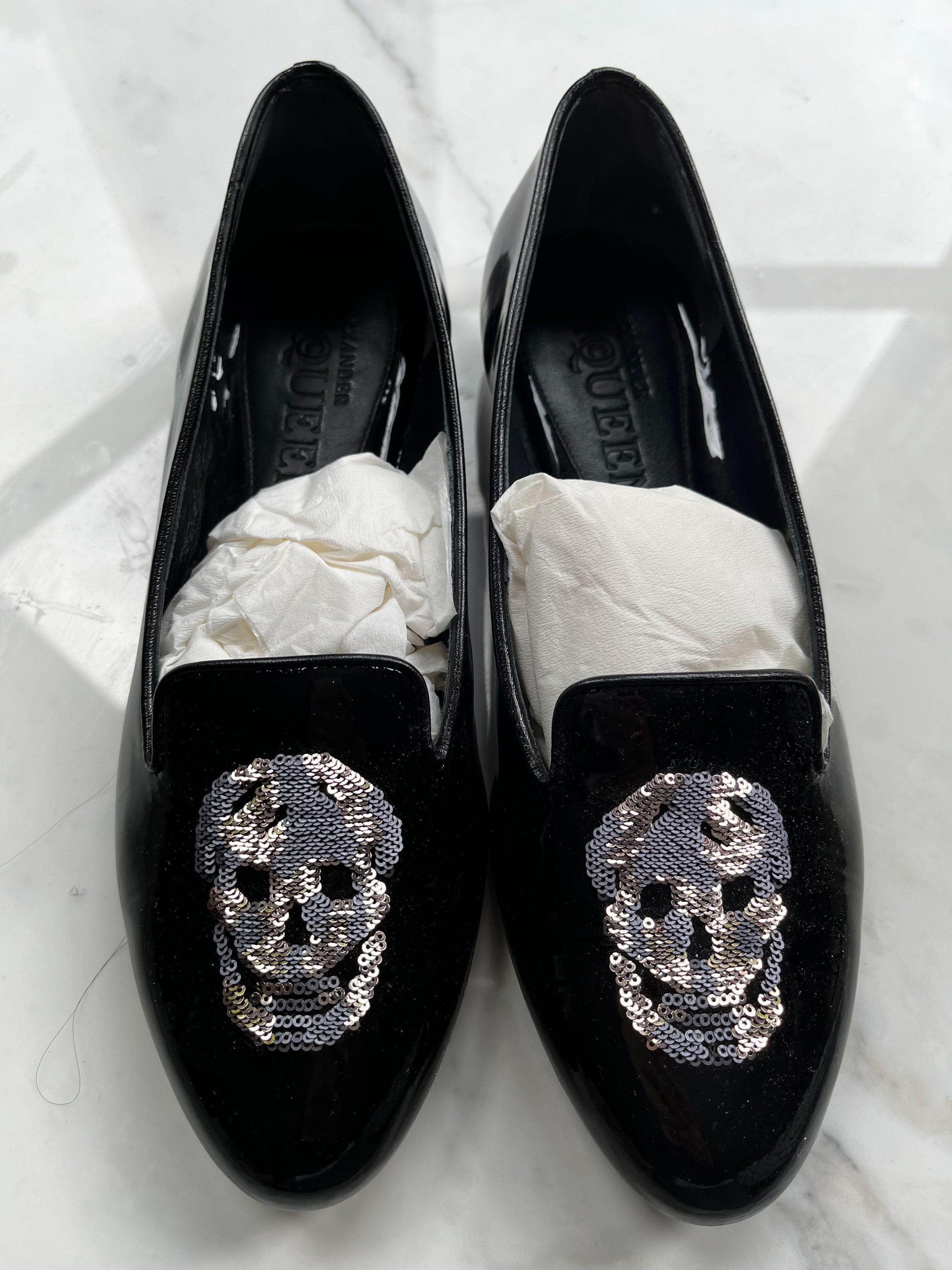 Black patent sequin skull loafers