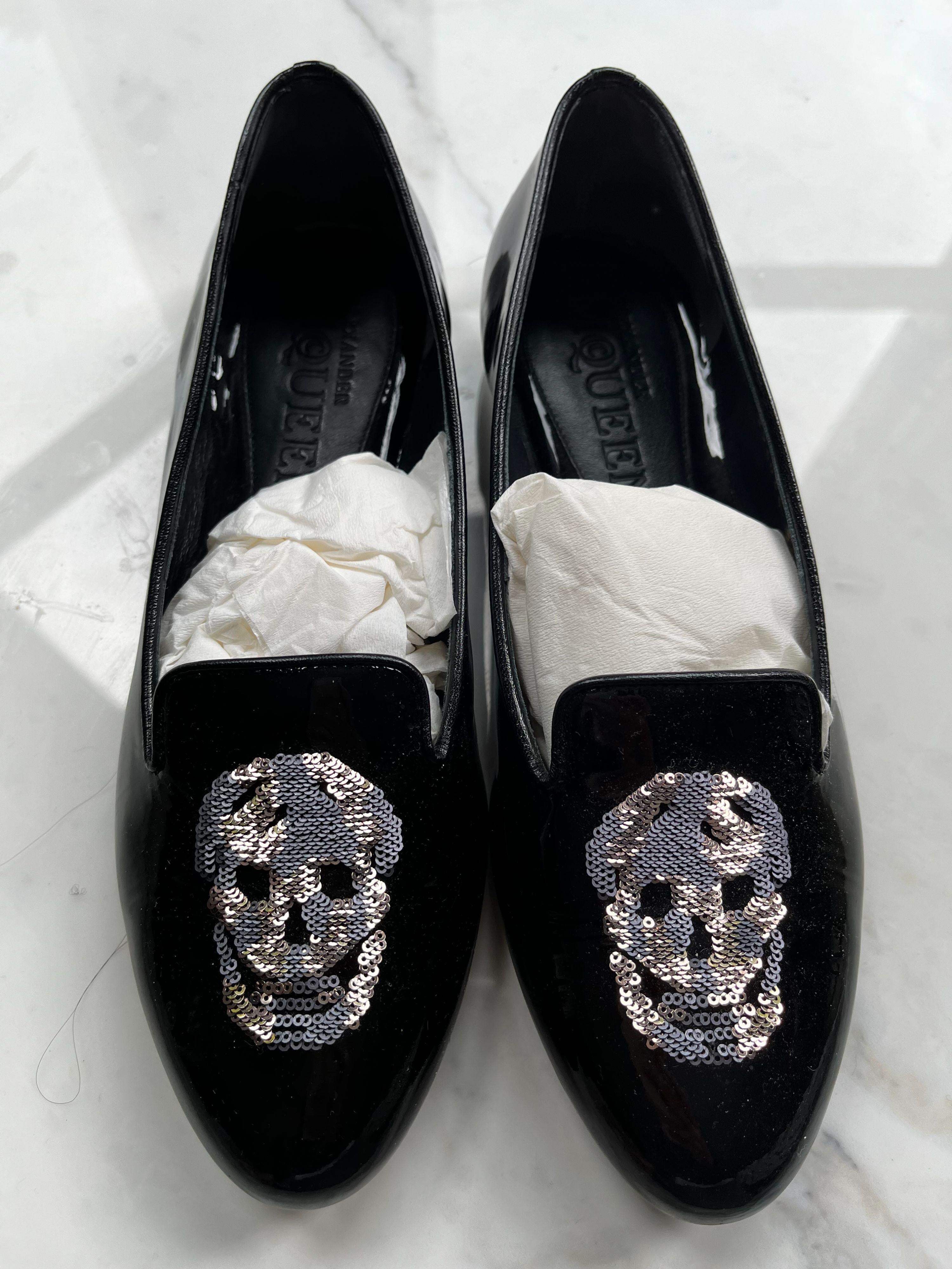 Black patent sequin skull loafers