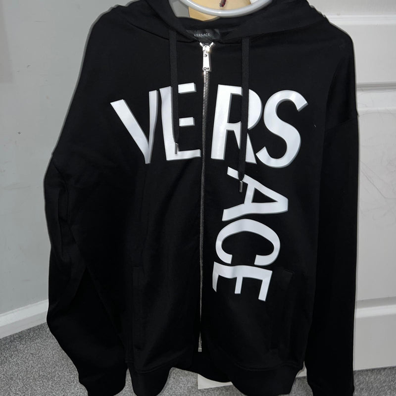Logo Printed Zip Up Black Cotton Hoodie