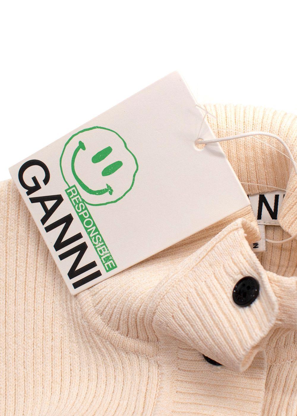 Ganni Cream Ribbed Melange Polo Knit Top